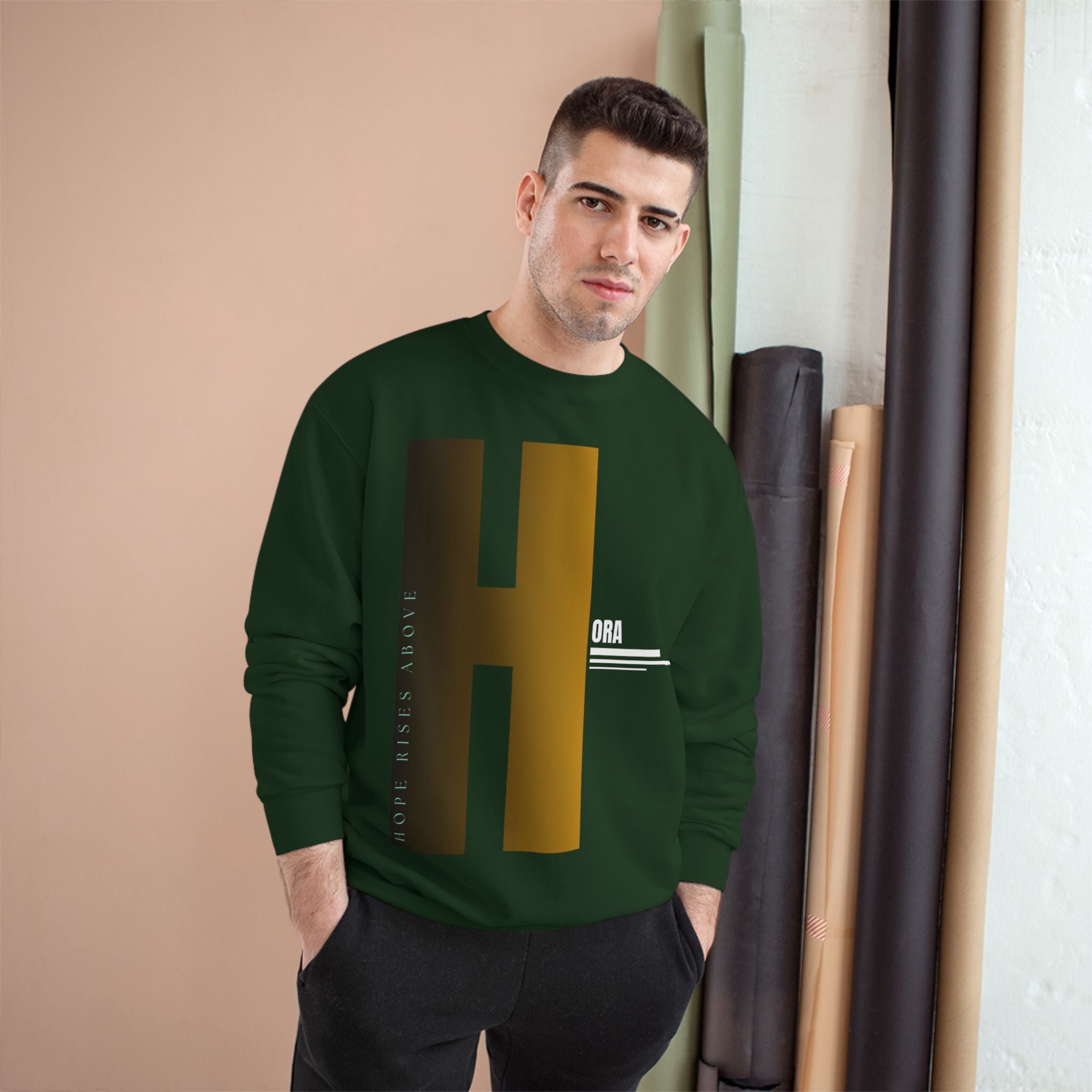 H Monogram Sweatshirt — Olive Champion Crewneck with Gold Gradient 'H' Design