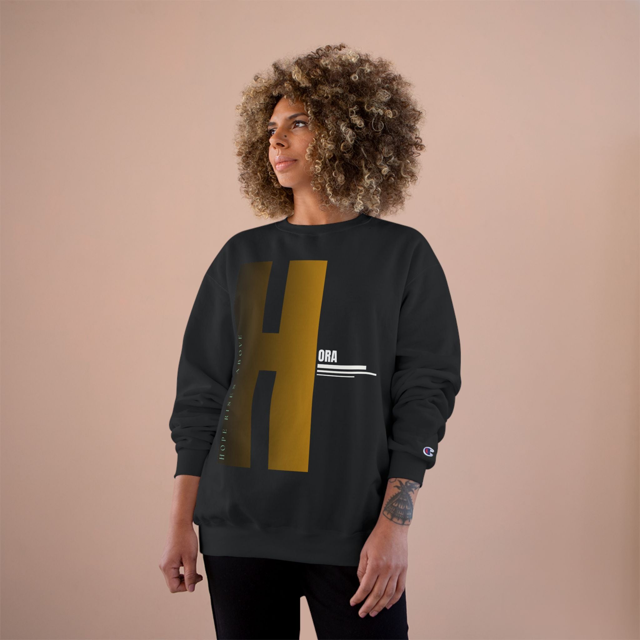 H Monogram Sweatshirt — Olive Champion Crewneck with Gold Gradient 'H' Design