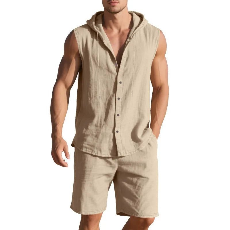 Men's Linen Sleeveless Hooded Shirt and Shorts Set