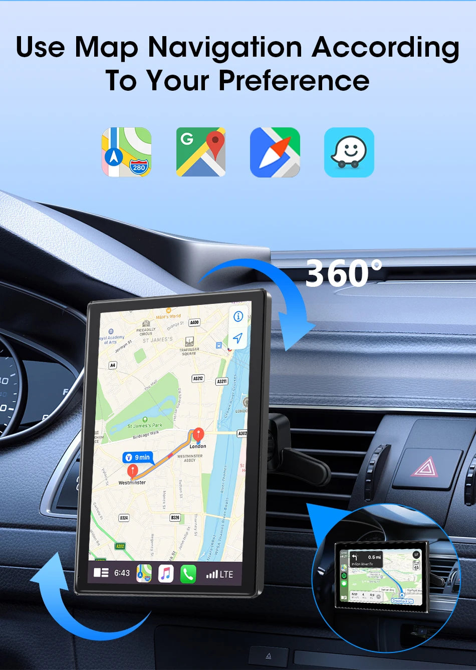 7/8/9'' Support Orientation & Portrait Car Mirror Radio Wireless Carplay Android Auto Multimedia Video Player Universal Screen