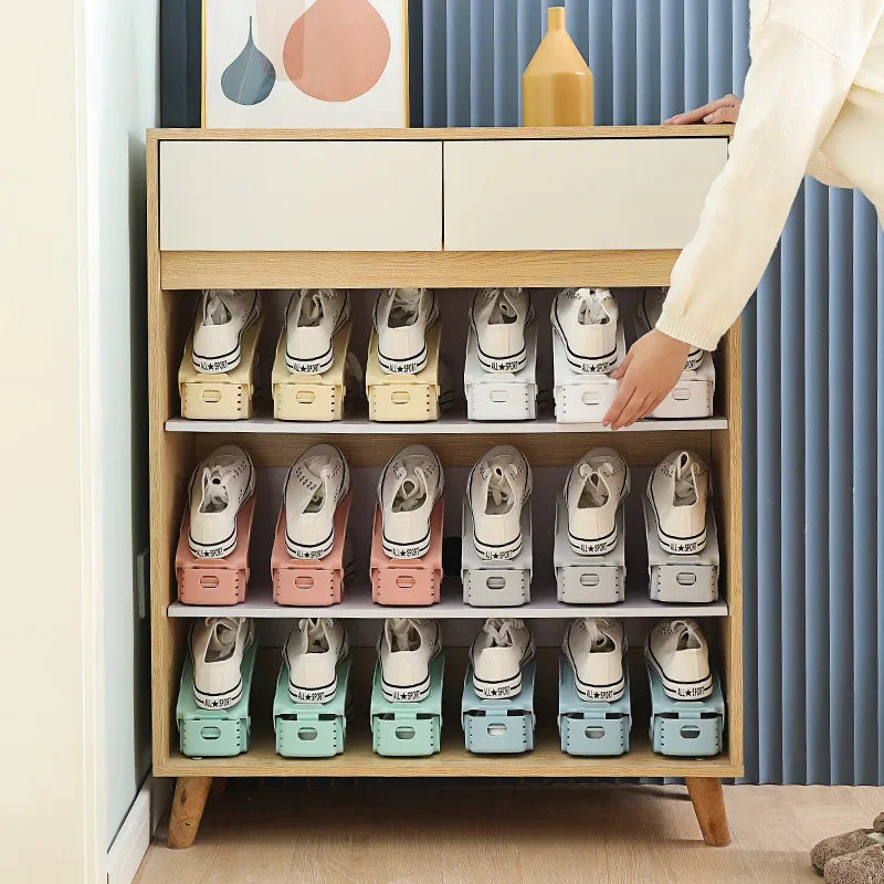 1/4/10 Pcs Shoe Organiser Plastic Adjustable Height Shoe Shelf Top and bottom compartment design Save space in your shoe cabinet