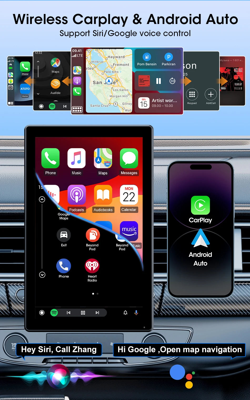 7/8/9'' Support Orientation & Portrait Car Mirror Radio Wireless Carplay Android Auto Multimedia Video Player Universal Screen