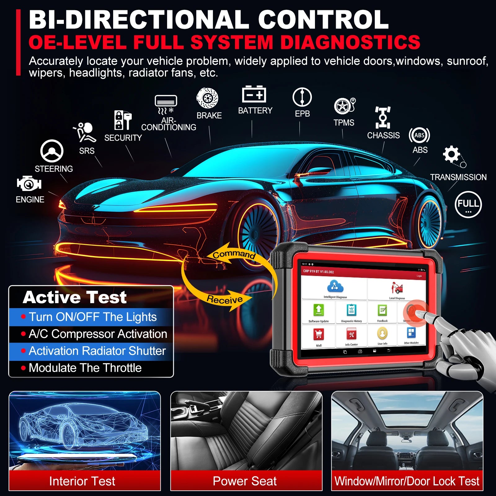 LAUNCH X431 CRP919E BT Car Diagnostic Tools CAN FD DOIP ALL Systems ECU Coding Bi-directional 35 Resets DBScar VII Auto Scanner