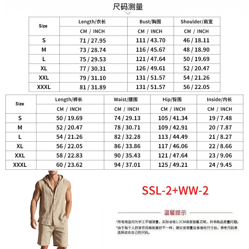 Men's Linen Sleeveless Hooded Shirt and Shorts Set