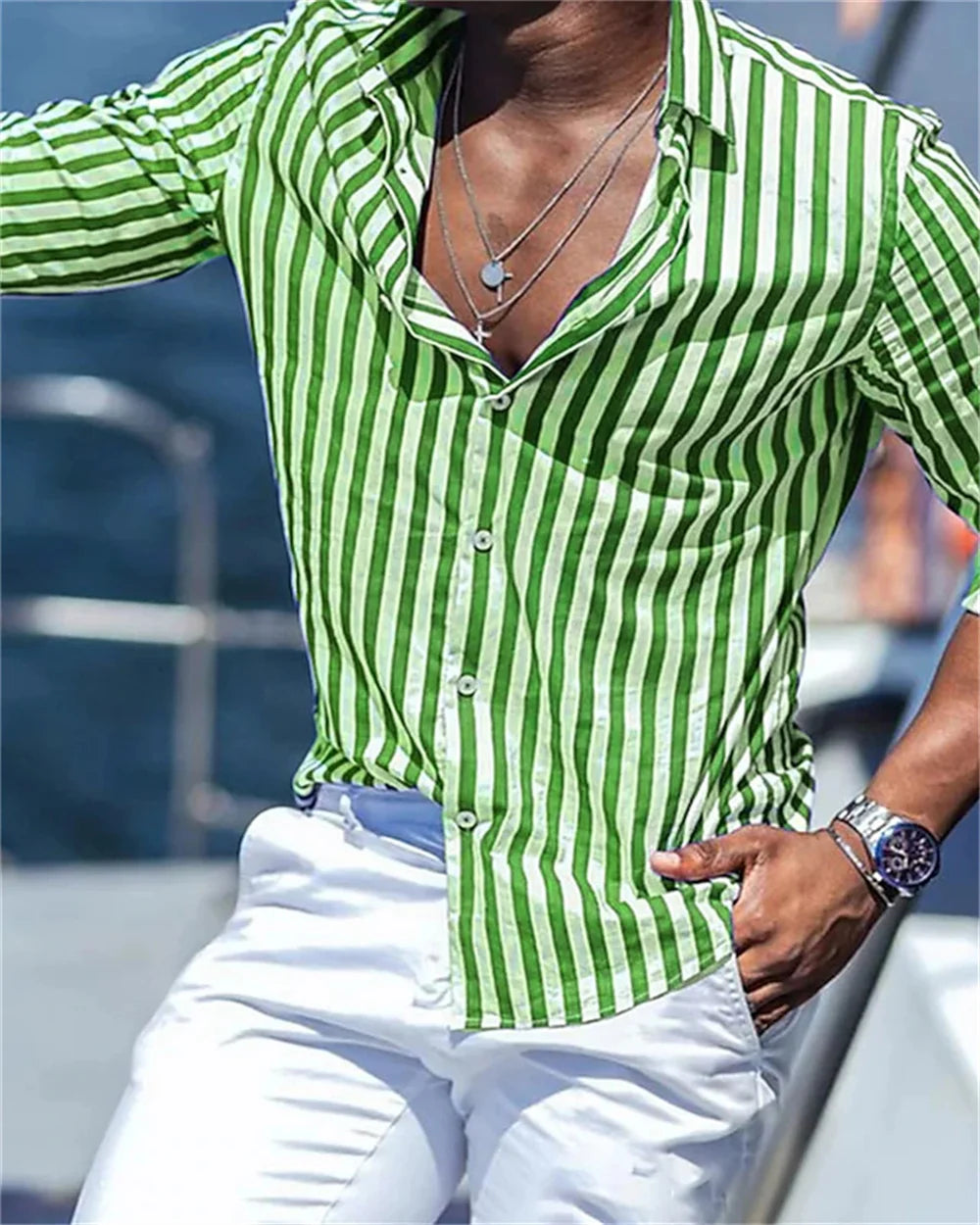 2024 New Men's Long sleeved Blue Stripe Printed Shirt