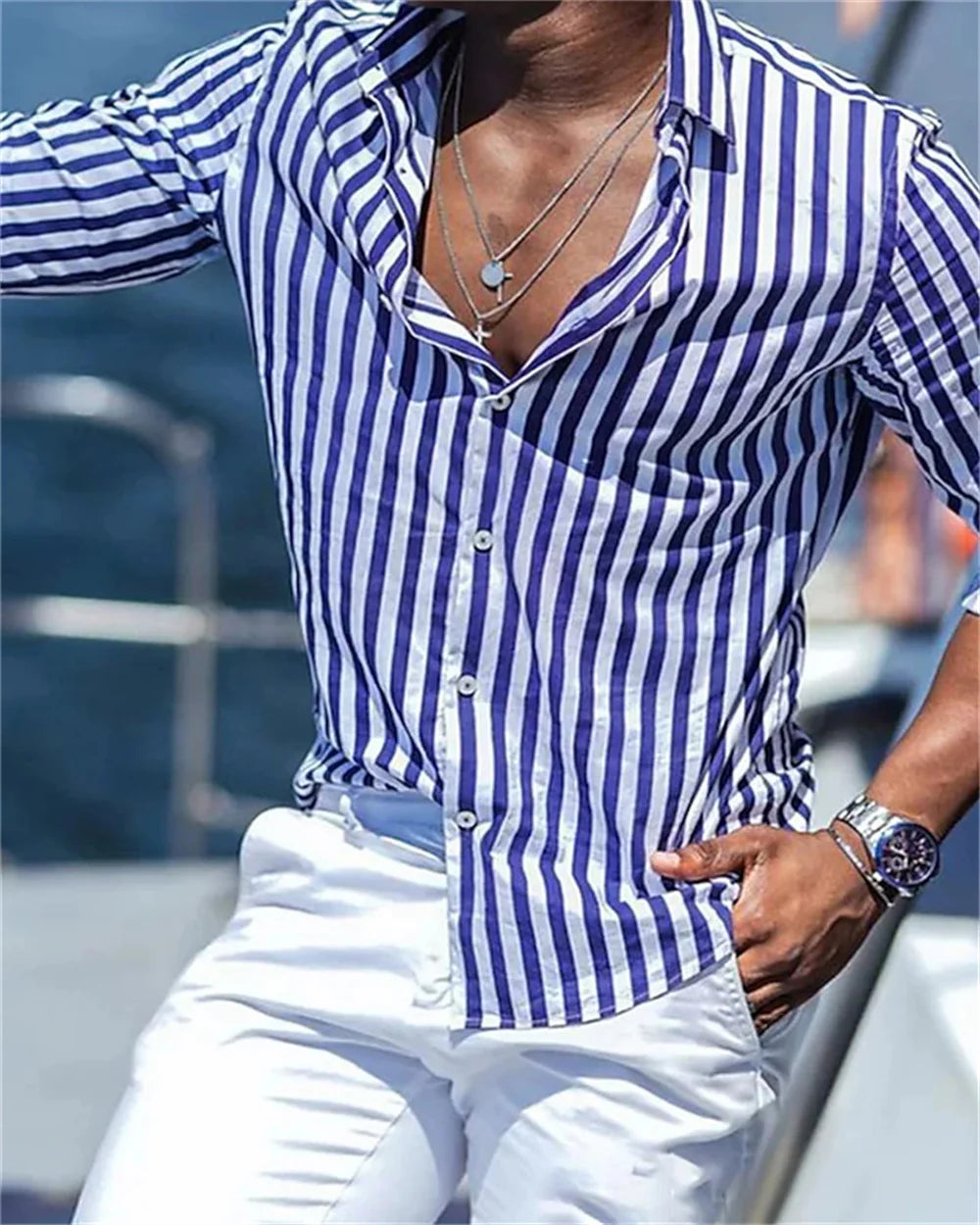 2024 New Men's Long sleeved Blue Stripe Printed Shirt