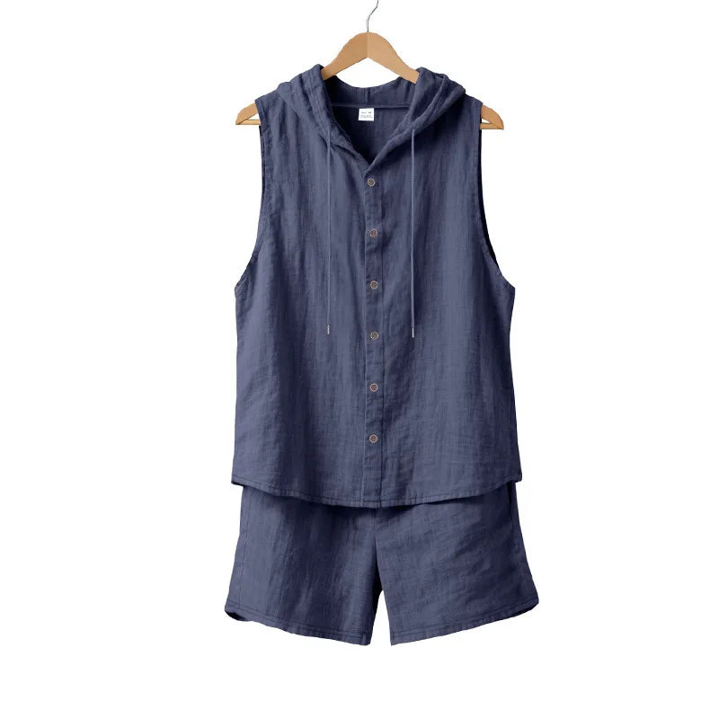 Men's Linen Sleeveless Hooded Shirt and Shorts Set