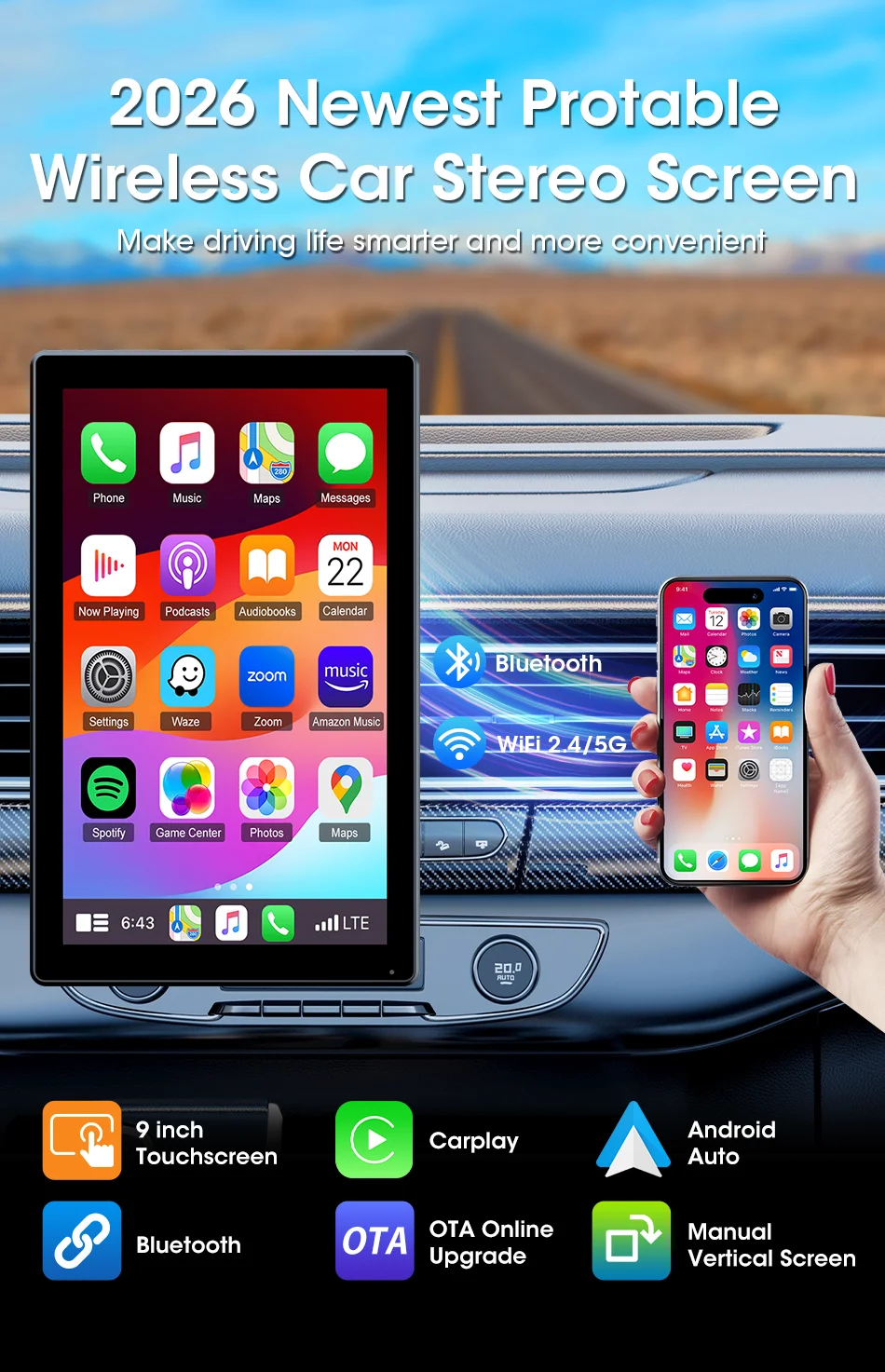7/8/9'' Support Orientation & Portrait Car Mirror Radio Wireless Carplay Android Auto Multimedia Video Player Universal Screen