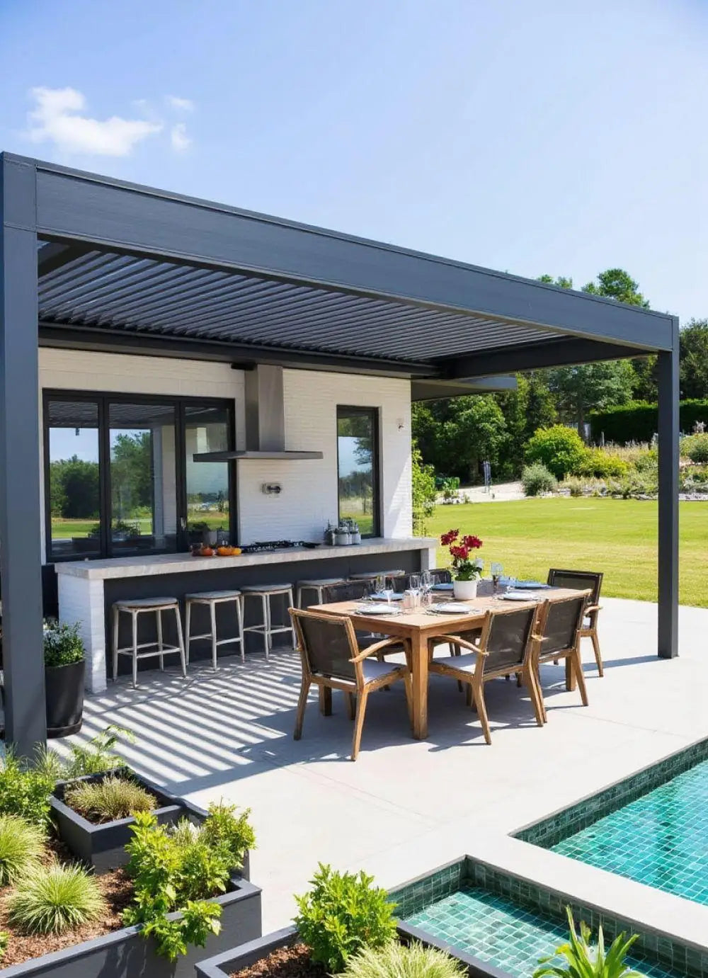 Motorized Pergola Aluminum Bioclimatic Gazebo with LED Lights Louvered Roof with Glass Sliding Doors Patio Gazebos Pergolas