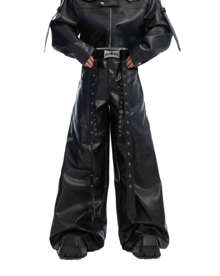Mauroicardi Spring Autumn Cool Long Baggy Black Soft Pu Leather Wide Leg Pants Men