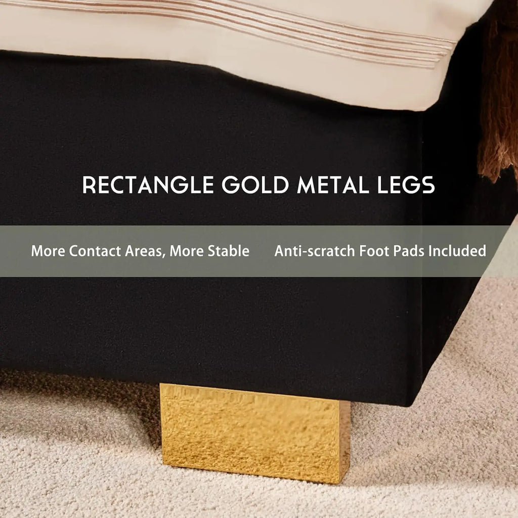 King Bed Frame Upholstered Platform with Gold Trim Headboard No Box Spring Needed Black, Customized