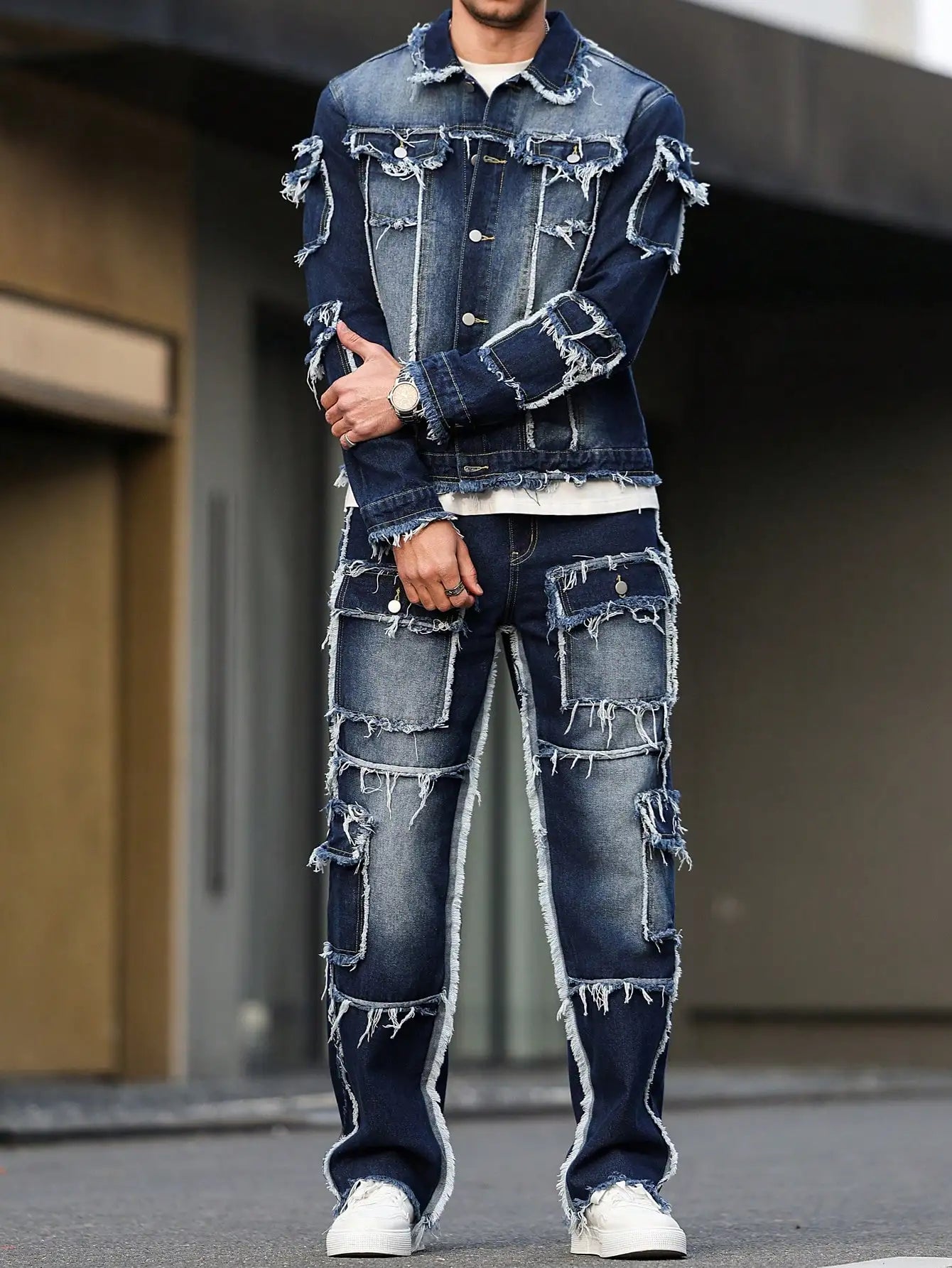 Men's denim suit, multi - pocket design, wide straight - leg pants style
