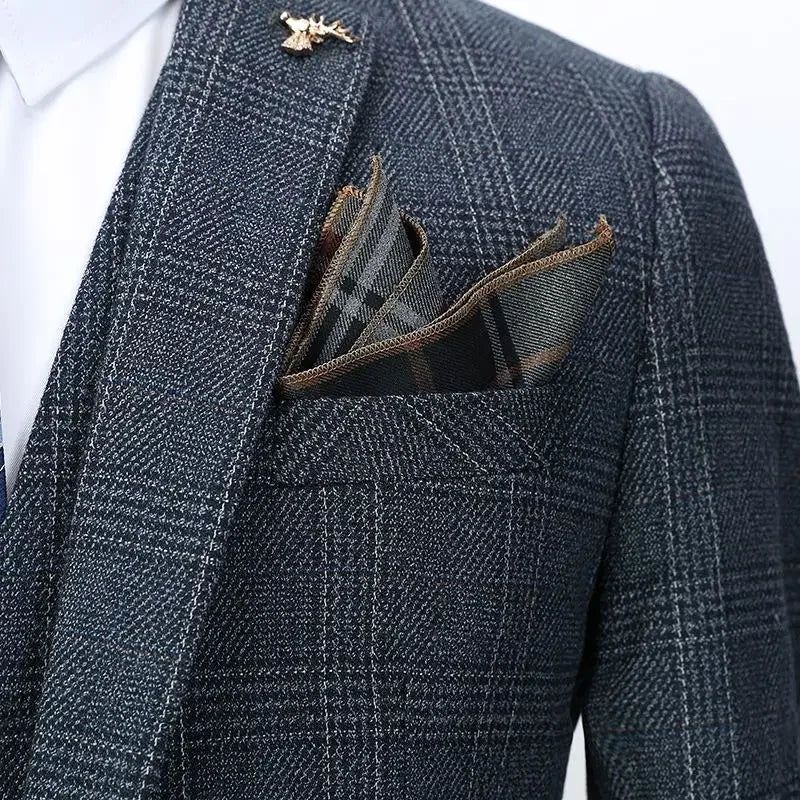 Linen Suit (Blazer+ Vest+Pants) Men's Fashion Hosts British Style