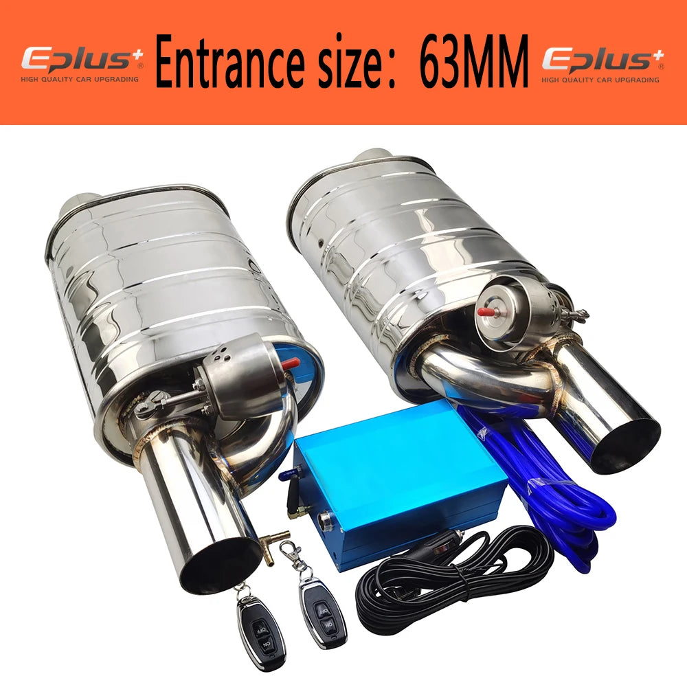 EPLUS 1 Pair Car Exhaust System Vacuum Valve Control Exhaust Pipe Kit Remote Control Variable Silencer Stainless Universal 63mm