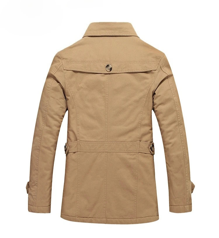 Men's Khaki Long-Sleeve Fleece-Lined Jacket, New Winter Style Collared Warm Coat,