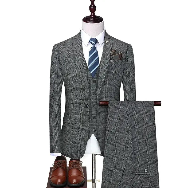 Linen Suit (Blazer+ Vest+Pants) Men's Fashion Hosts British Style
