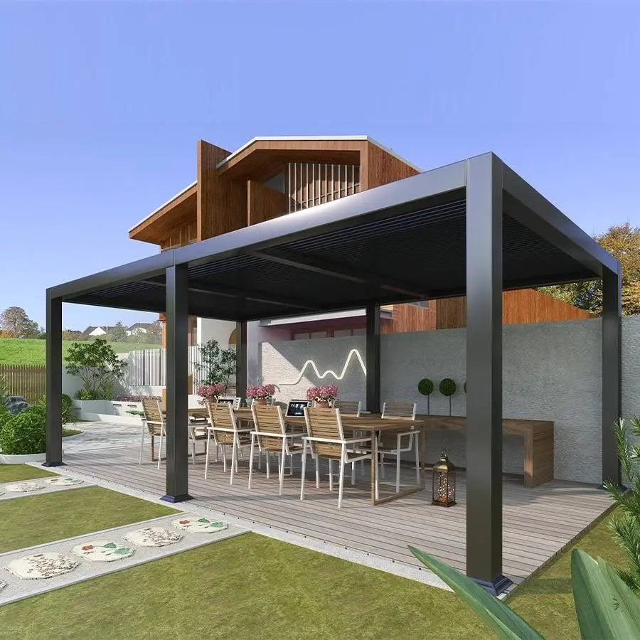Motorized Pergola Aluminum Bioclimatic Gazebo with LED Lights Louvered Roof with Glass Sliding Doors Patio Gazebos Pergolas