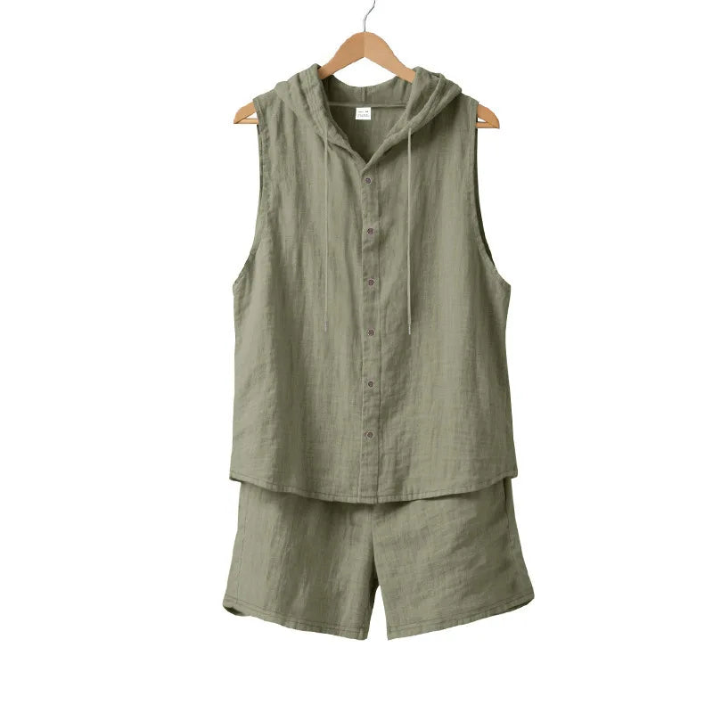 Men's Linen Sleeveless Hooded Shirt and Shorts Set