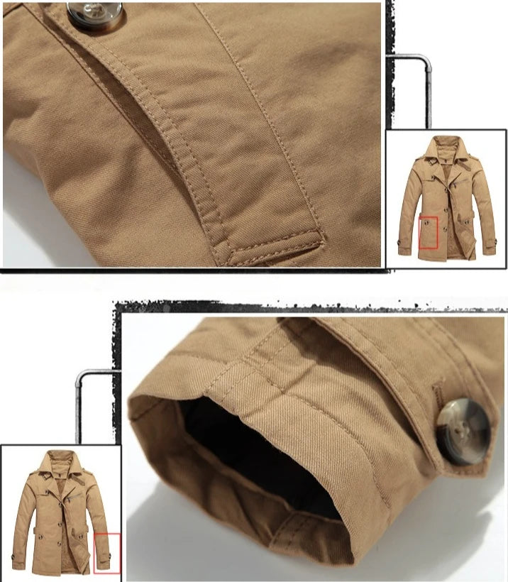 Men's Khaki Long-Sleeve Fleece-Lined Jacket, New Winter Style Collared Warm Coat,