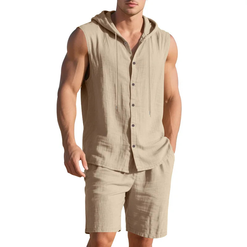 Men's Linen Sleeveless Hooded Shirt and Shorts Set