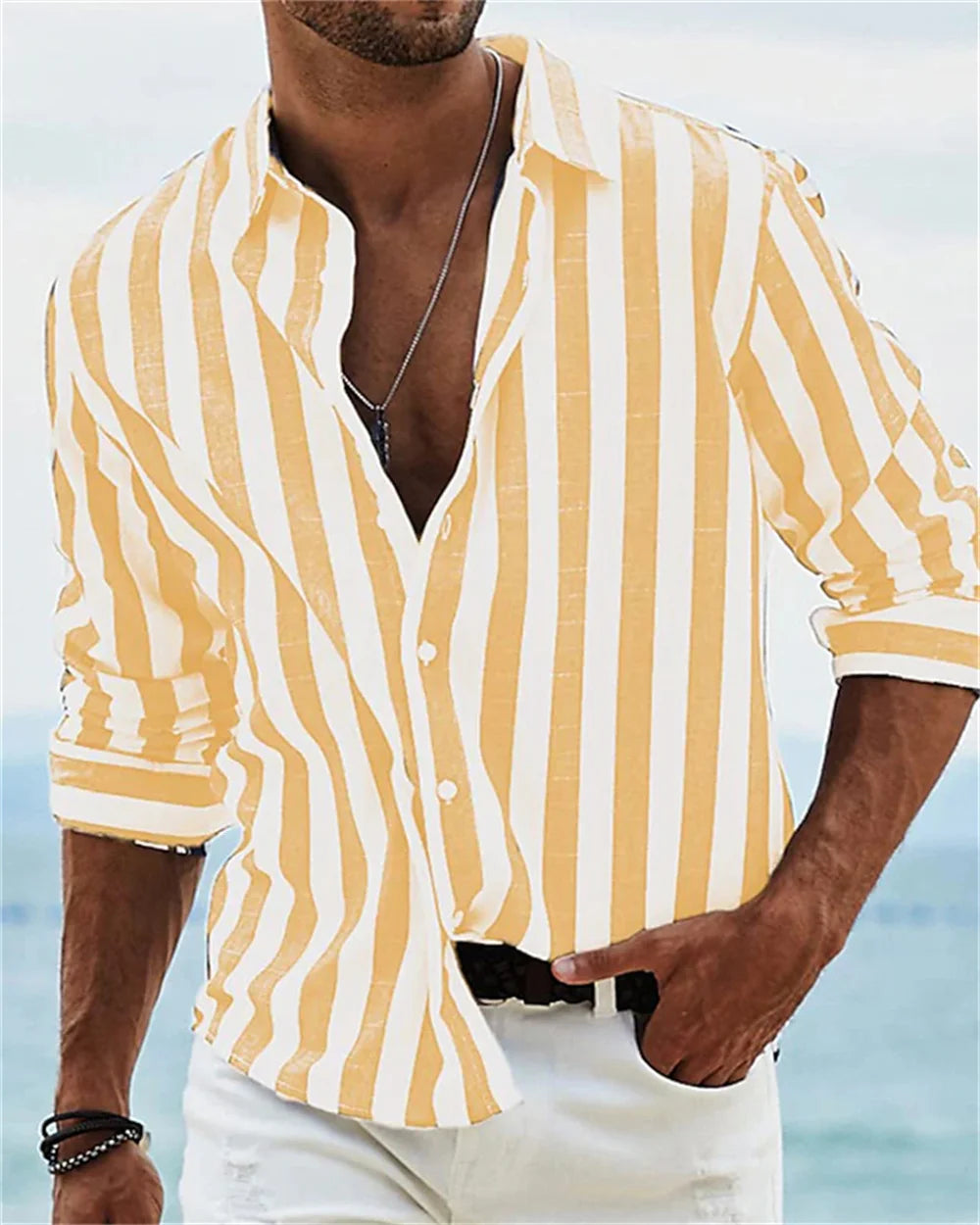2024 New Men's Long sleeved Blue Stripe Printed Shirt