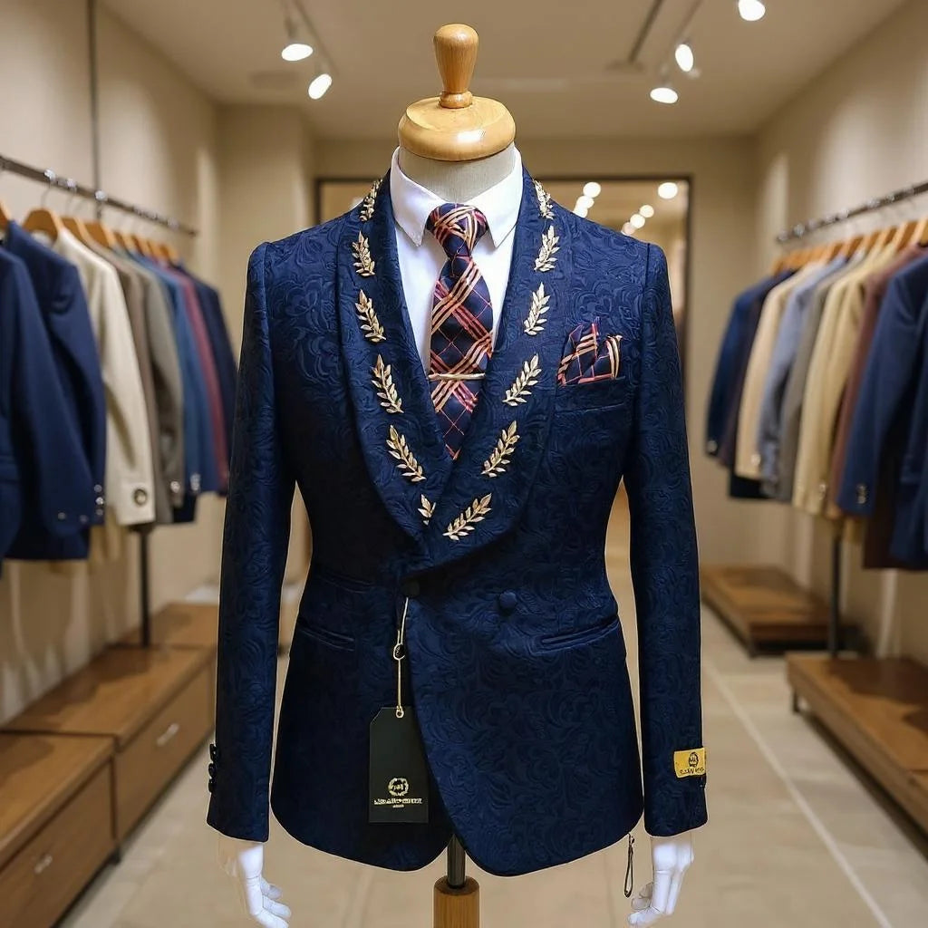 Beaded Floral Men Suits Double Breasted Business Formal Wedding Tuxedos Grooms Party Prom Male Suit Set 2 Pieces Blazer Pants
