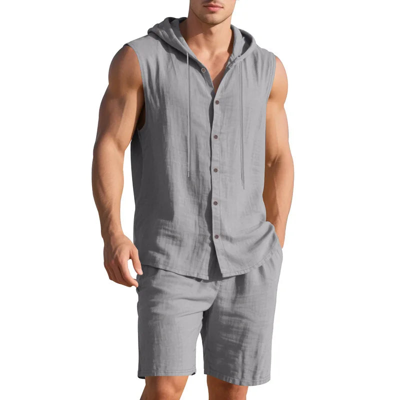 Men's Linen Sleeveless Hooded Shirt and Shorts Set