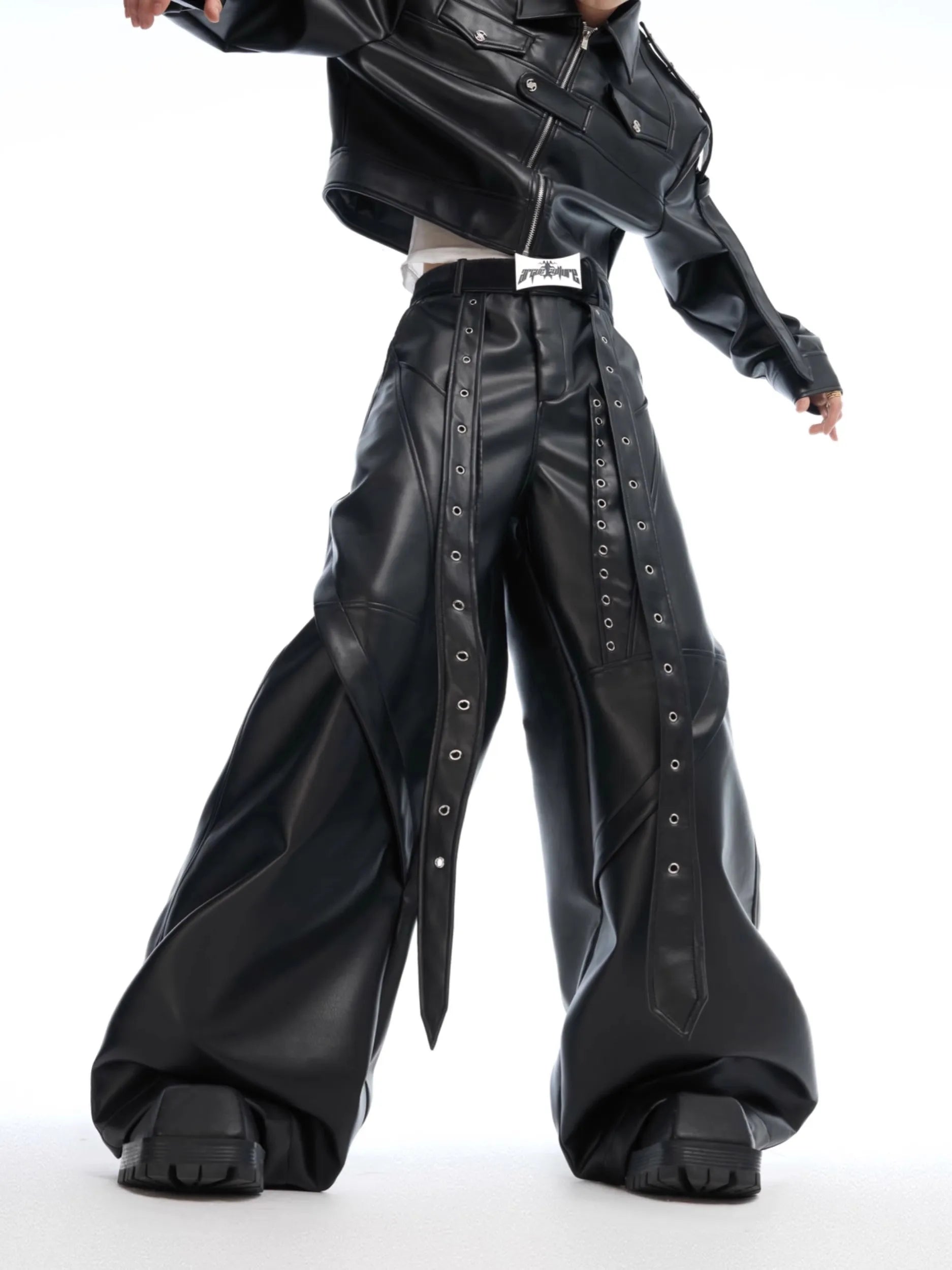 Mauroicardi Spring Autumn Cool Long Baggy Black Soft Pu Leather Wide Leg Pants Men