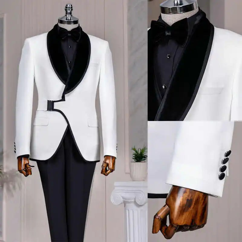 Elegant Wedding Tuxedos 2 Piece Set Jacket Pants Men Suit Design One Button Shawl Lapel  Evening Prom Groom Blazers Customized