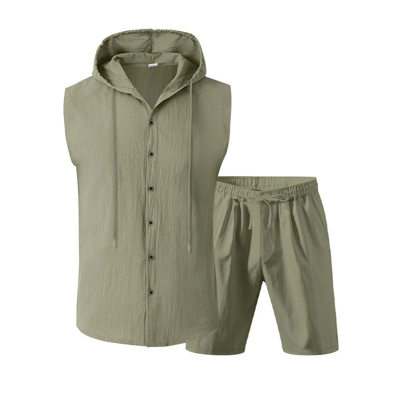Men's Linen Sleeveless Hooded Shirt and Shorts Set