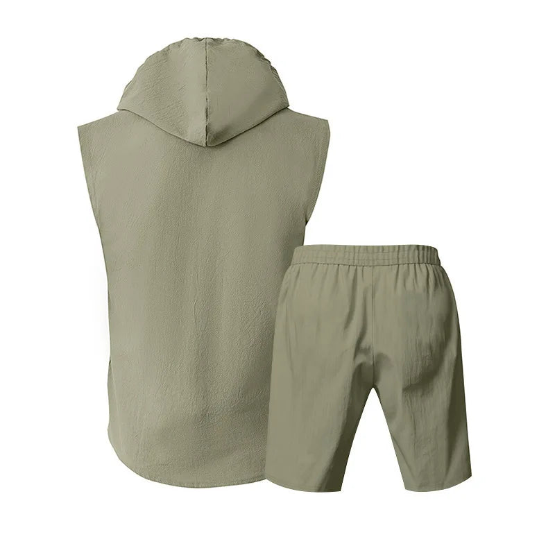 Men's Linen Sleeveless Hooded Shirt and Shorts Set