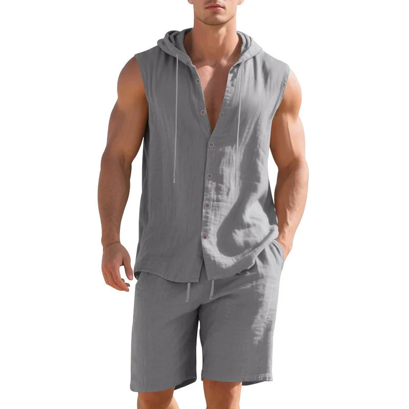 Men's Linen Sleeveless Hooded Shirt and Shorts Set