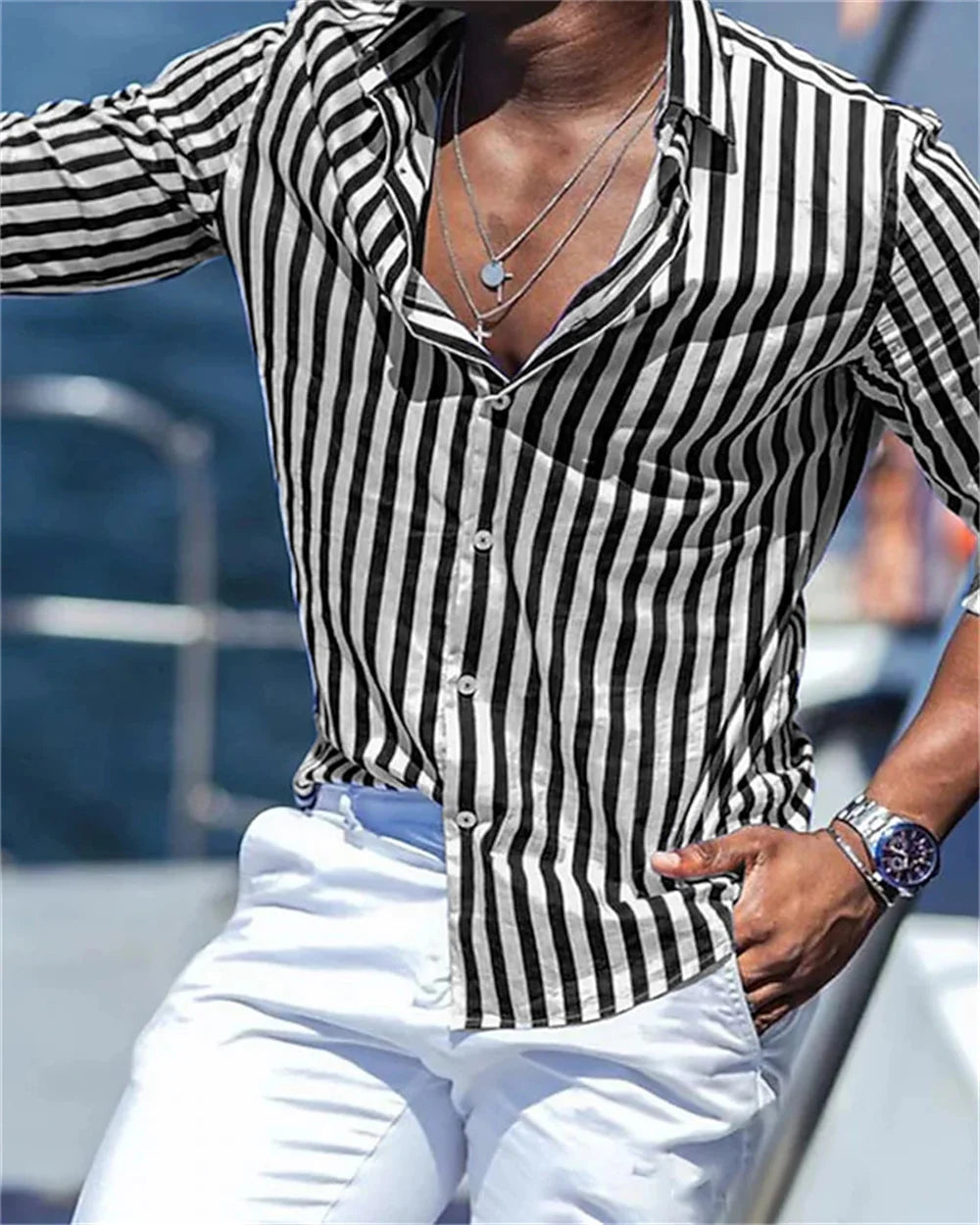 2024 New Men's Long sleeved Blue Stripe Printed Shirt