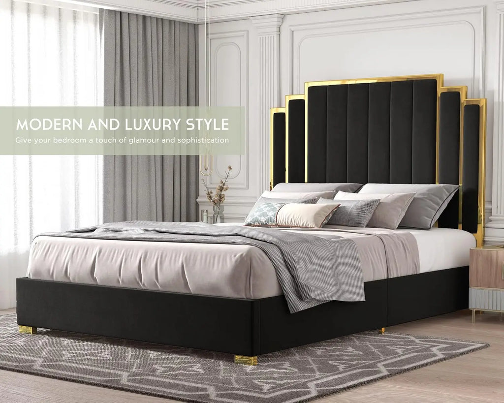 King Bed Frame Upholstered Platform with Gold Trim Headboard No Box Spring Needed Black, Customized