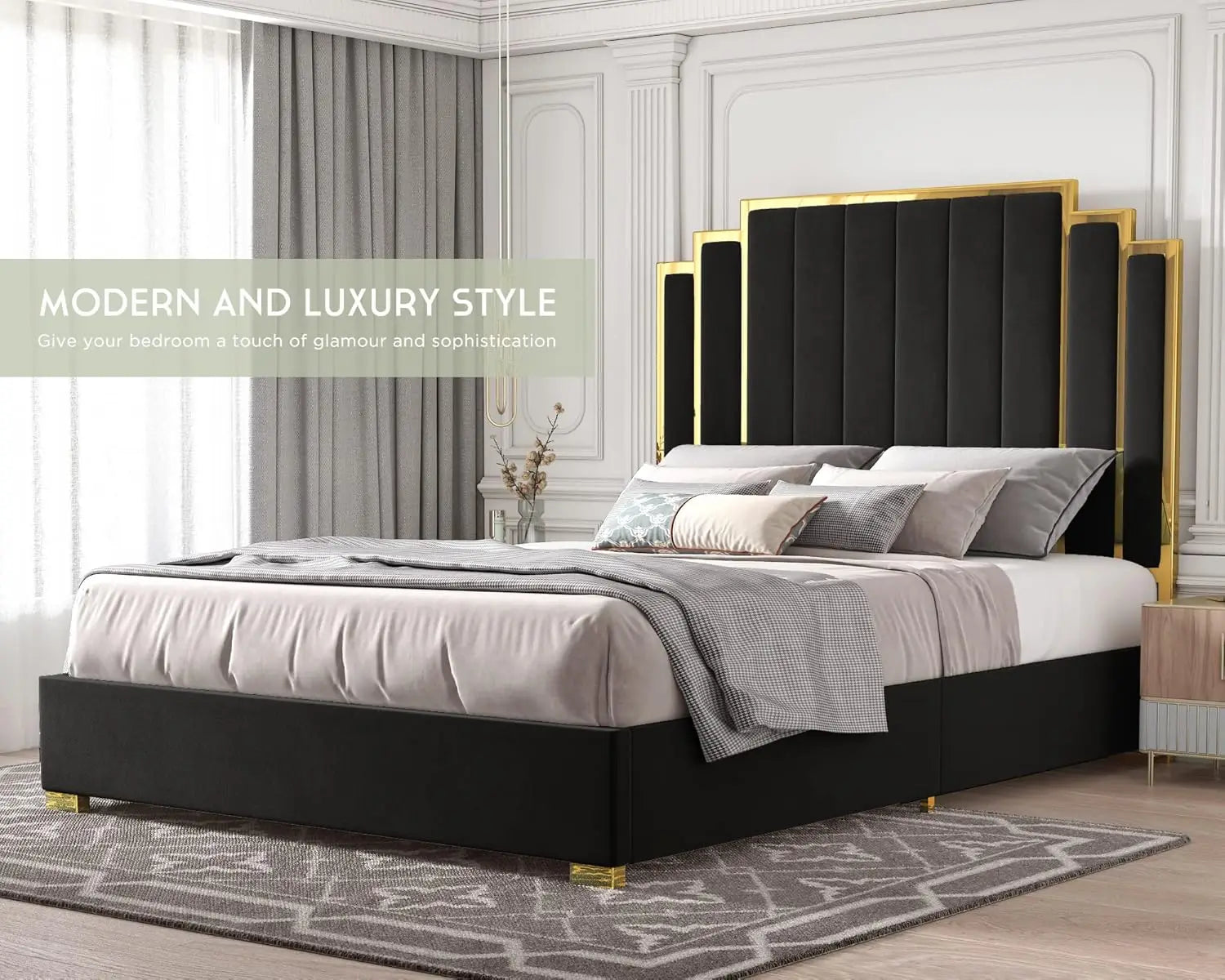 King Bed Frame Upholstered Platform with Gold Trim Headboard No Box Spring Needed Black, Customized