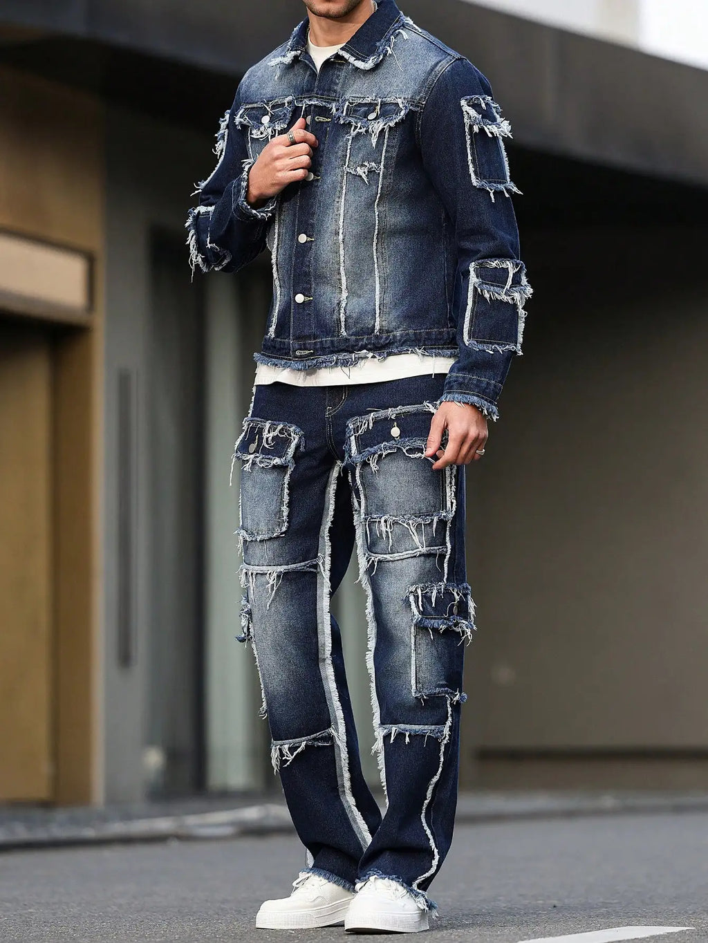 Men's denim suit, multi - pocket design, wide straight - leg pants style