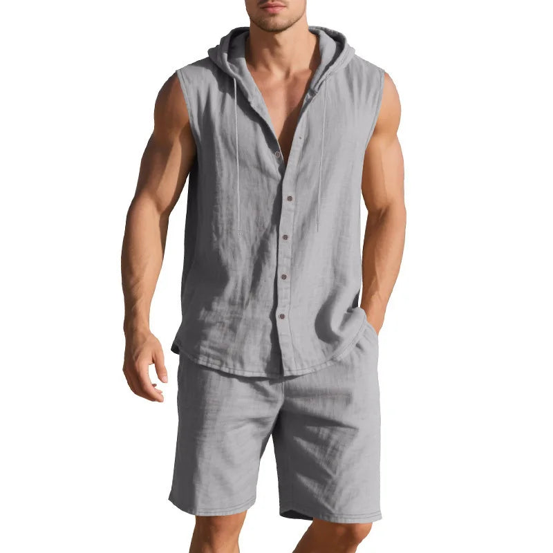 Men's Linen Sleeveless Hooded Shirt and Shorts Set