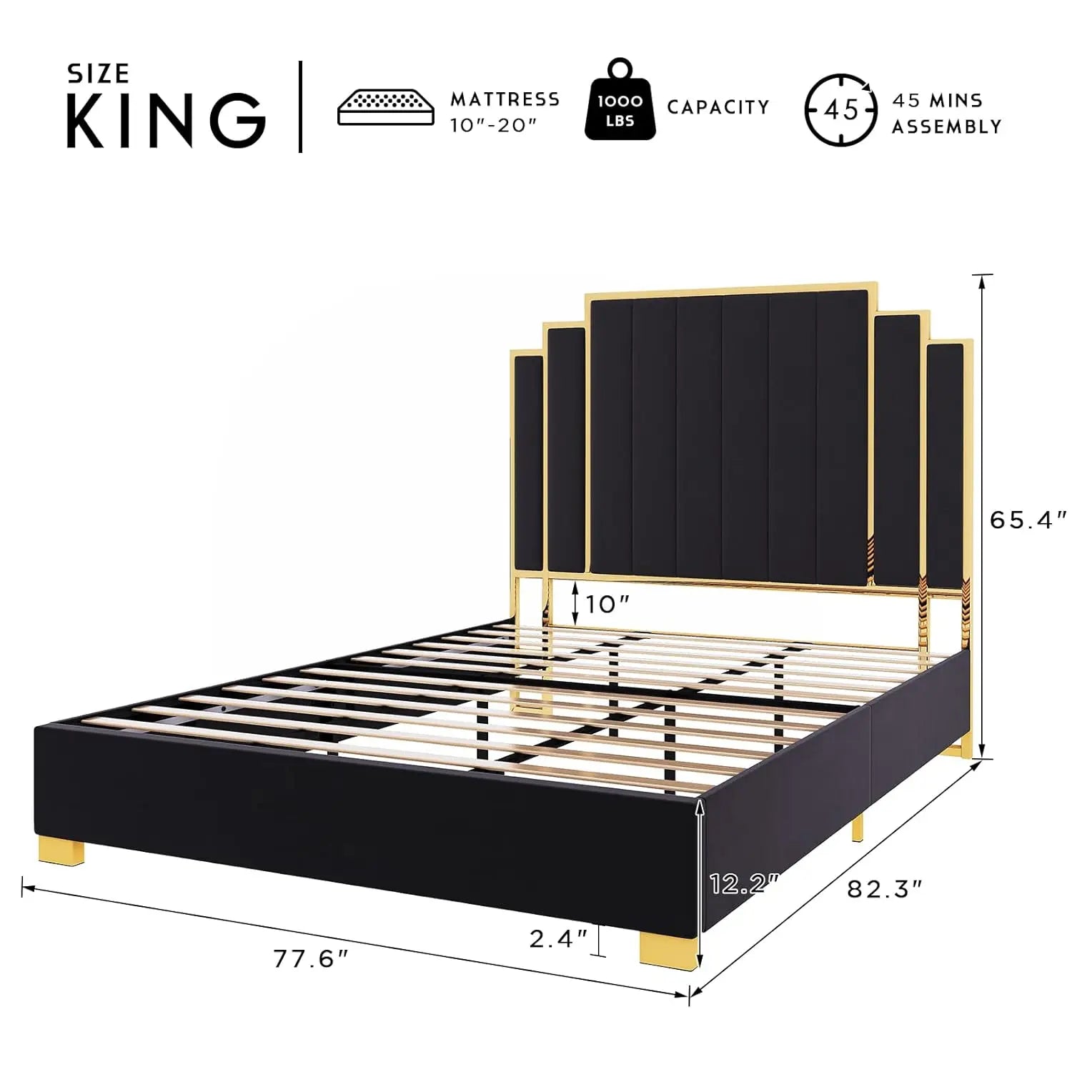 King Bed Frame Upholstered Platform with Gold Trim Headboard No Box Spring Needed Black, Customized