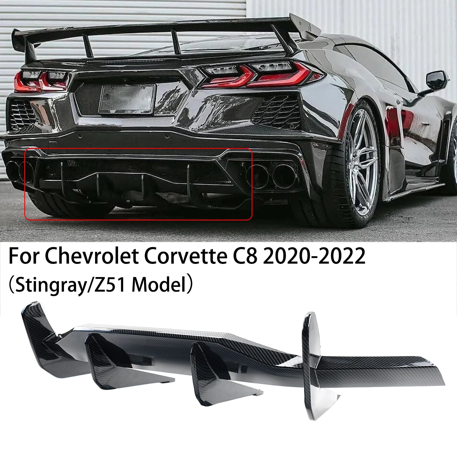 For 2020-2023 Chevrolet/Chevy Corvette C8 E-ray STG Z51 Rear Bumper Diffuser Rear Lip Splitter Spoiler Shark Fin Style Body Kit
