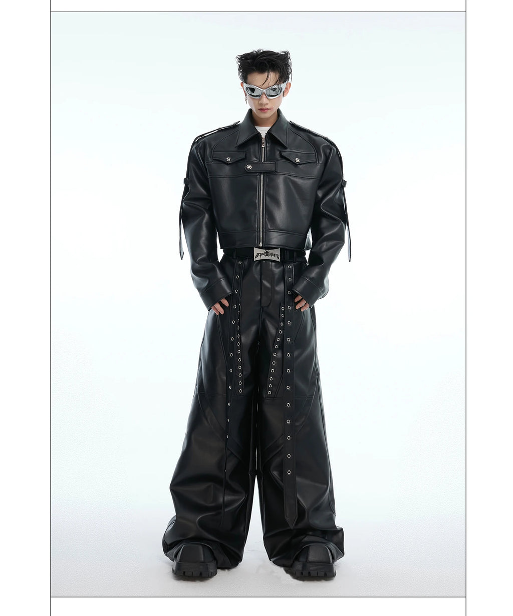 Mauroicardi Spring Autumn Cool Long Baggy Black Soft Pu Leather Wide Leg Pants Men