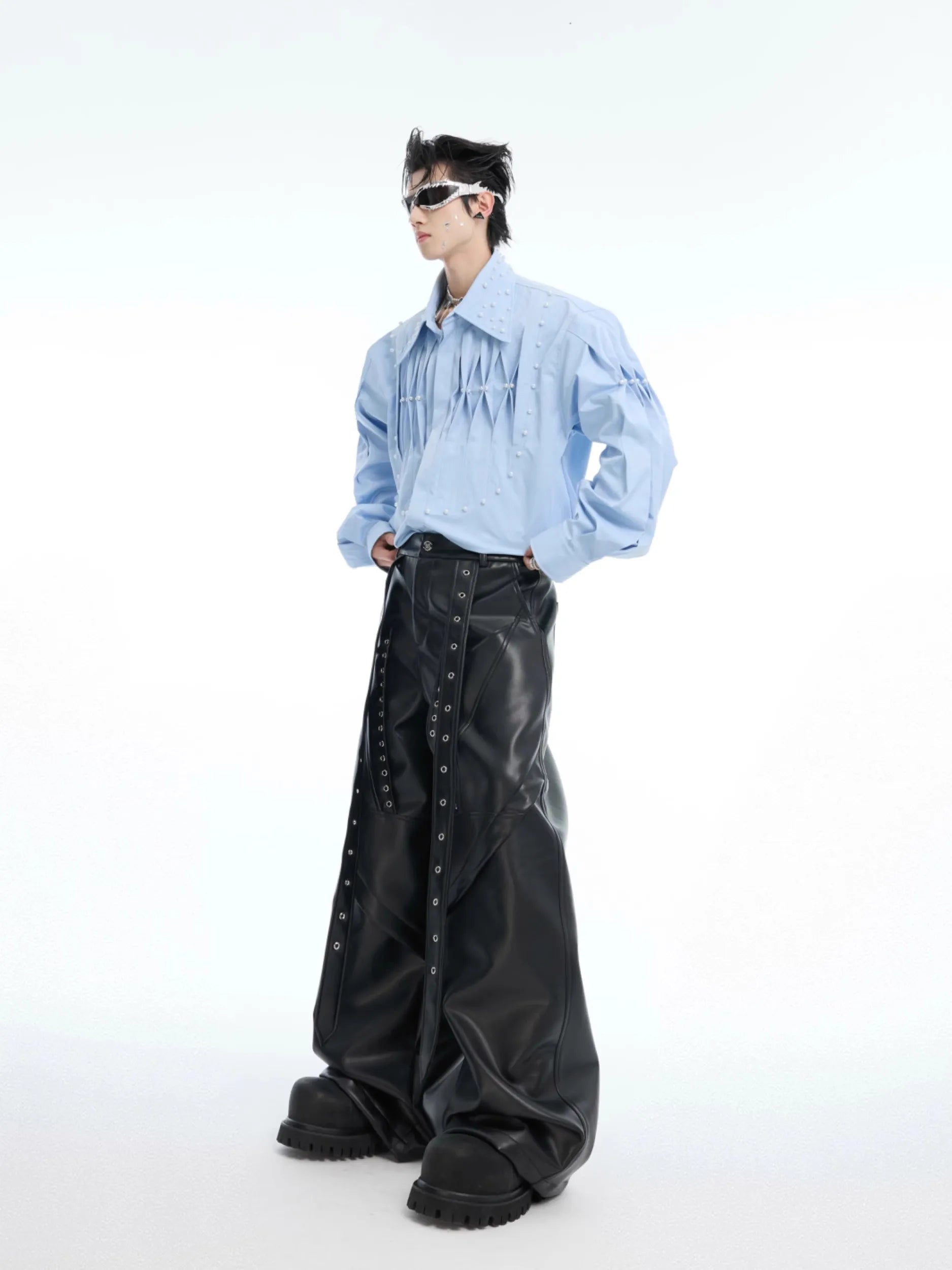 Mauroicardi Spring Autumn Cool Long Baggy Black Soft Pu Leather Wide Leg Pants Men