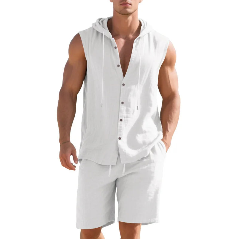 Men's Linen Sleeveless Hooded Shirt and Shorts Set