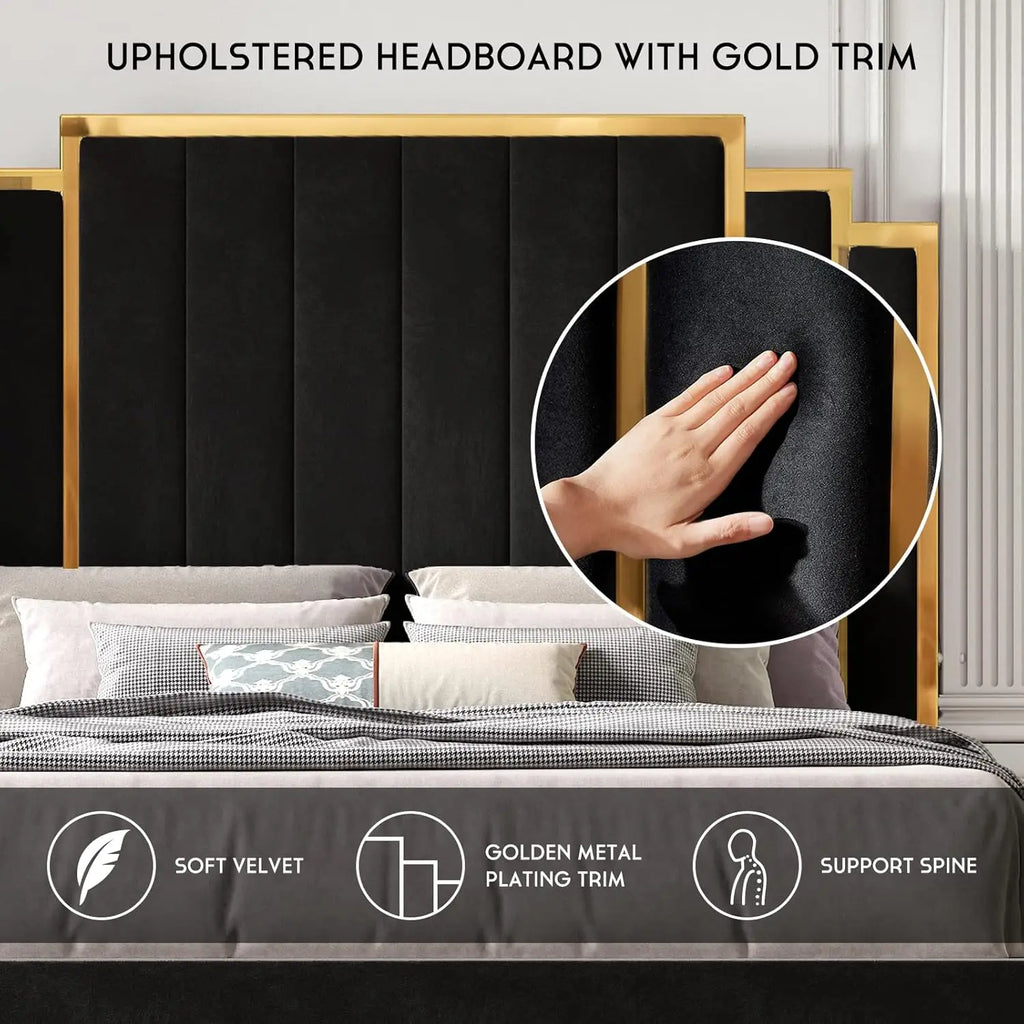 King Bed Frame Upholstered Platform with Gold Trim Headboard No Box Spring Needed Black, Customized