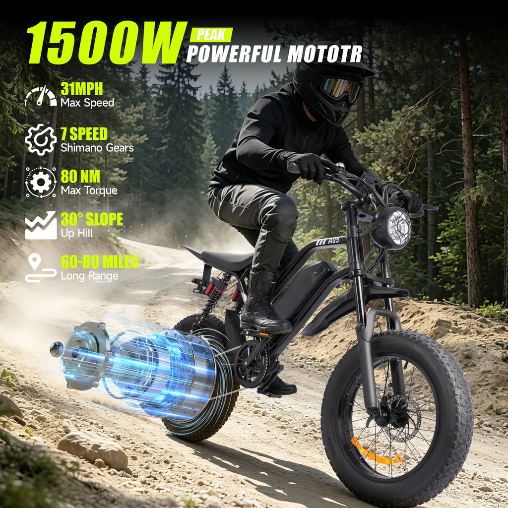 1500W Mountain Ebike 48V 15Ah Lithium Battery 31MPH Max Speed 65Miles Long Range Adult Off Road Electric Mountain Bike 20 inch