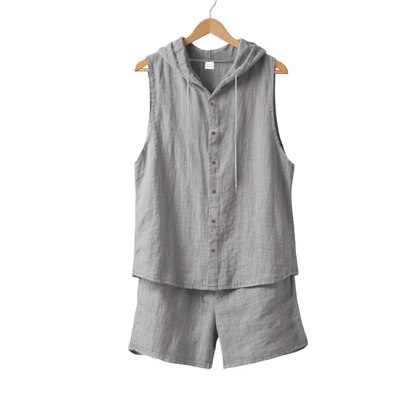 Men's Linen Sleeveless Hooded Shirt and Shorts Set