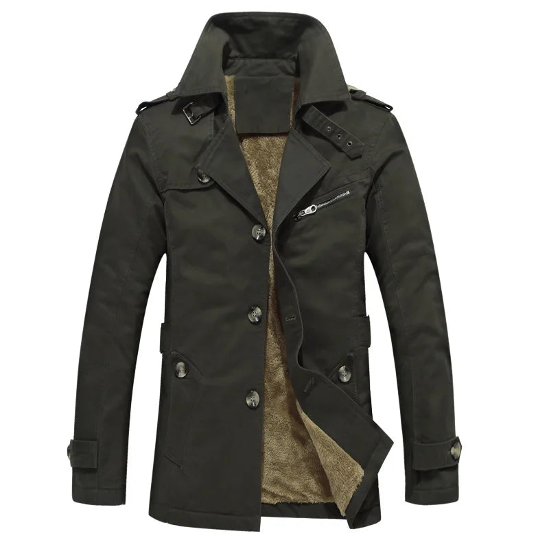 Men's Khaki Long-Sleeve Fleece-Lined Jacket, New Winter Style Collared Warm Coat,