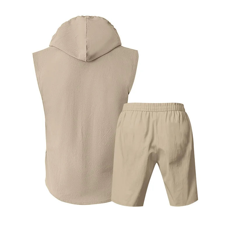 Men's Linen Sleeveless Hooded Shirt and Shorts Set