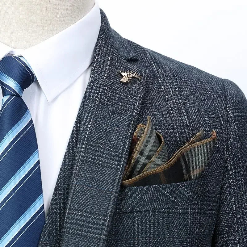 Linen Suit (Blazer+ Vest+Pants) Men's Fashion Hosts British Style