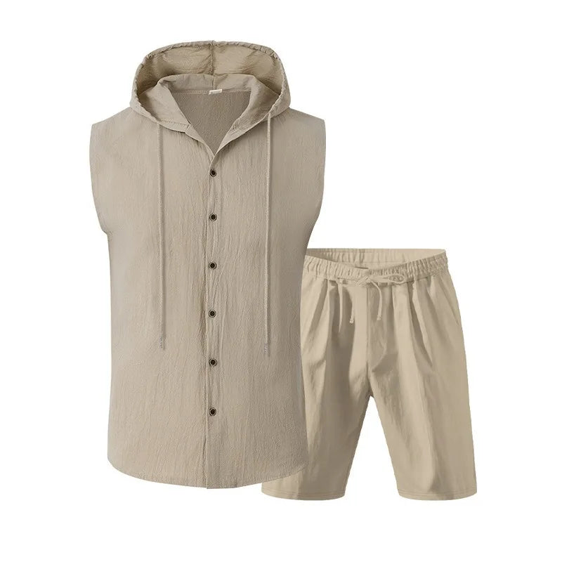 Men's Linen Sleeveless Hooded Shirt and Shorts Set