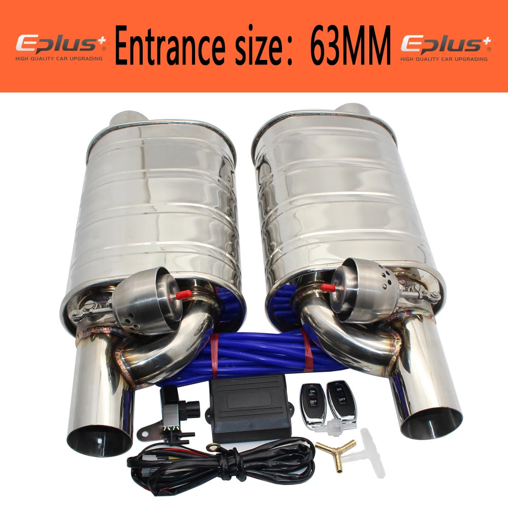 EPLUS 1 Pair Car Exhaust System Vacuum Valve Control Exhaust Pipe Kit Remote Control Variable Silencer Stainless Universal 63mm